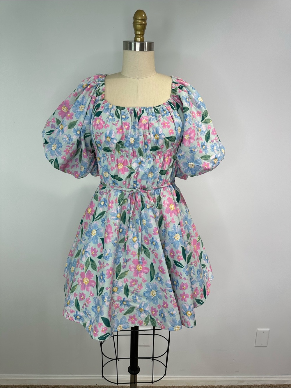 Altar’d State Floral Puff-Sleeve Dress in Pastel Blue and Pink